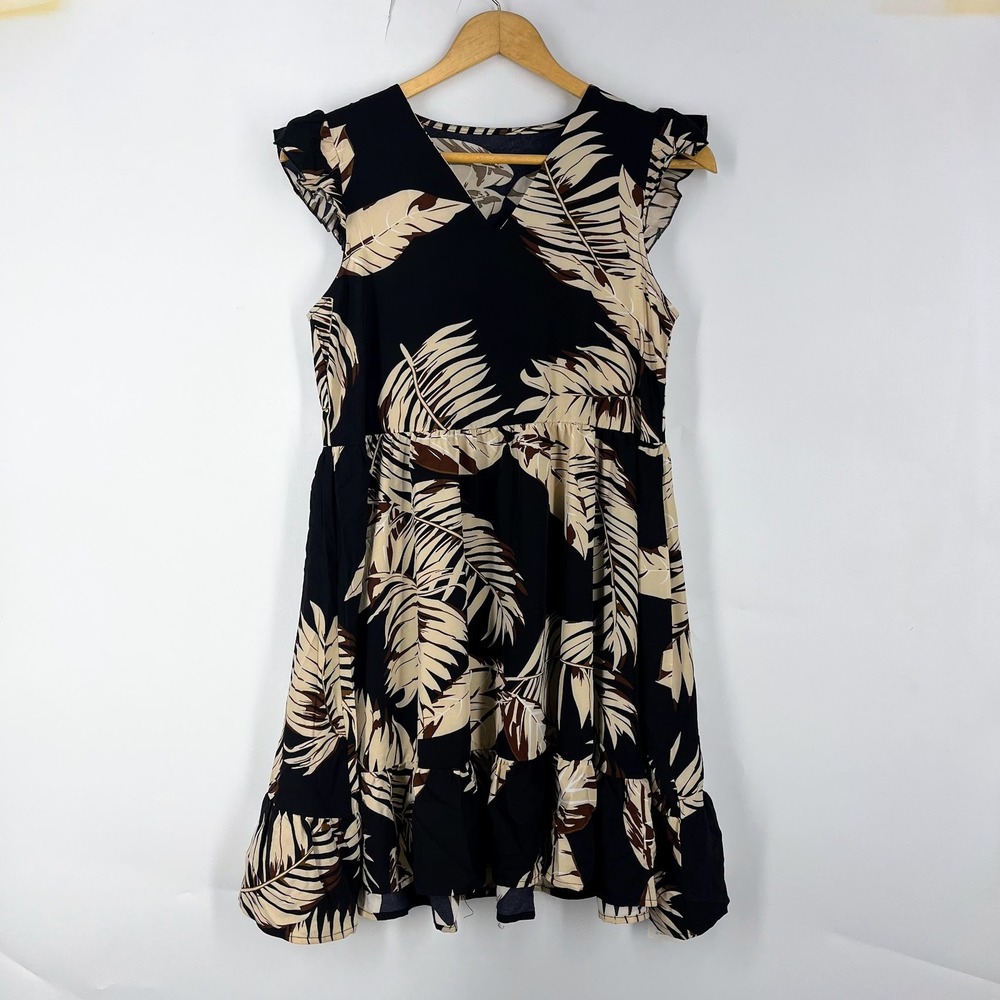 CupShe Tropical Leaf Print Ruffle Cap Sleeve Babydoll Mini Dress Black Tan